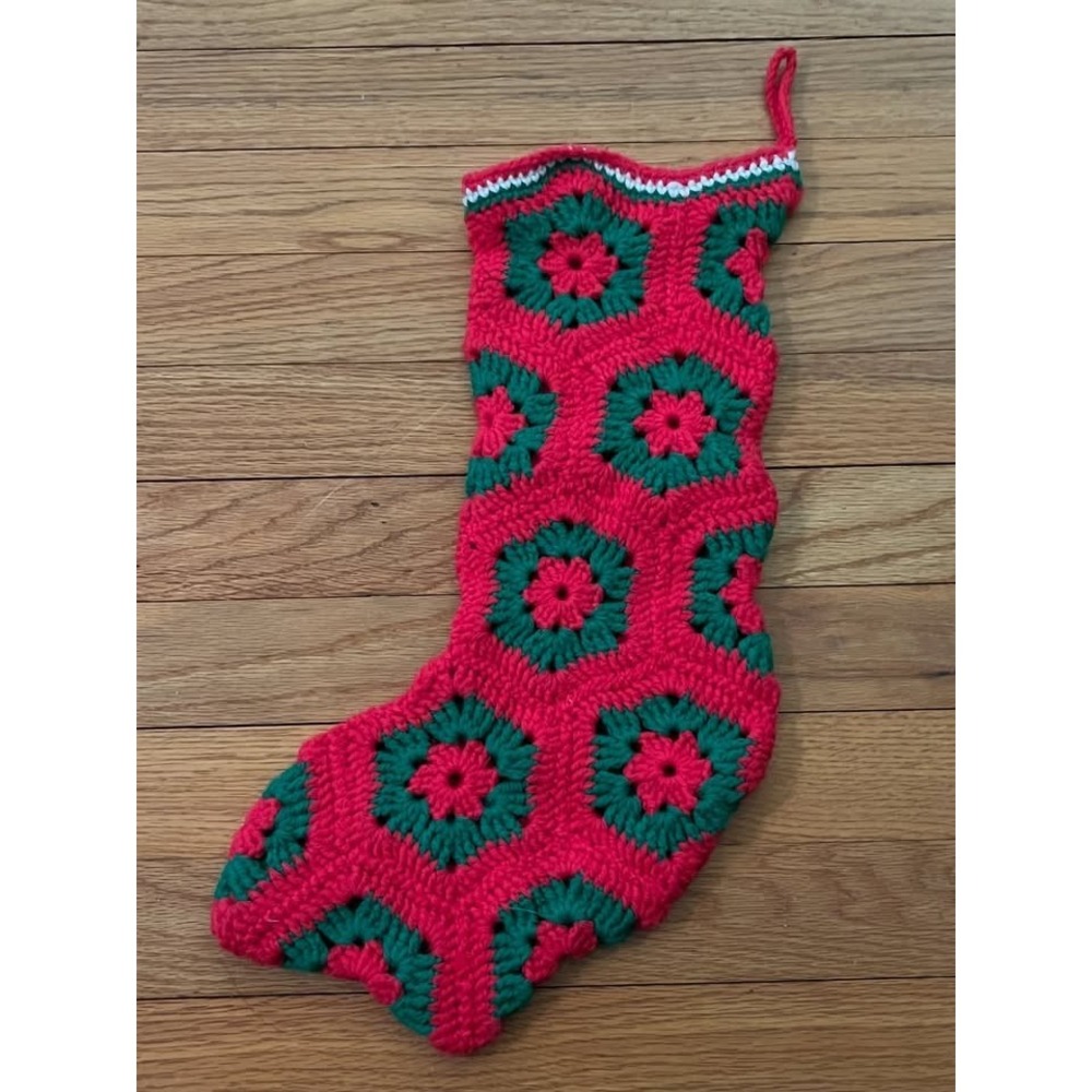 Vintage 1970s Handmade Red Green Granny Square Crochet Christmas Stocking 17in